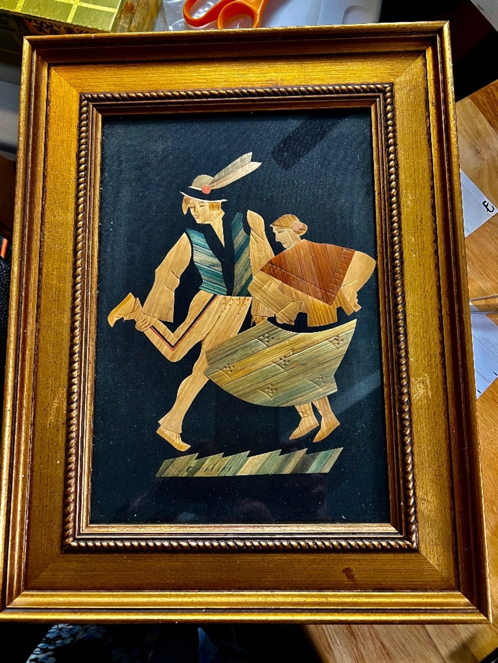 POLAND WOOD MARQUETRY WOOD INLAY POLISH DANCERS 12" X 16" VINTAGE
